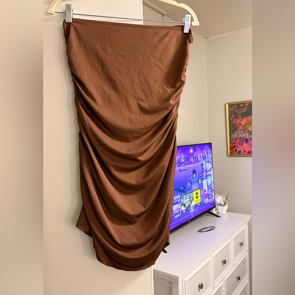 SHEIN Strapless Ruched Brown Mini Dress